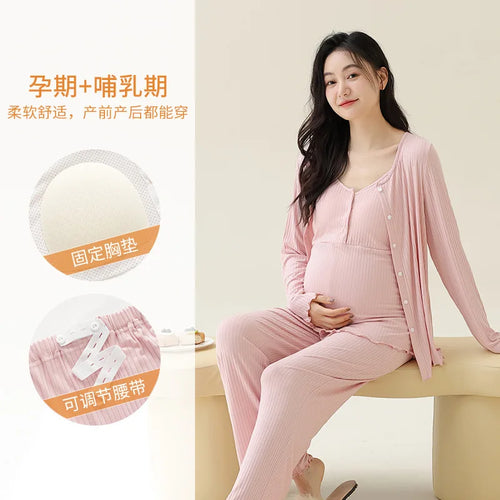 Soft Modal Maternity Nursing Robe Set — 3-Piece Postpartum PJ Set with Chest Pads