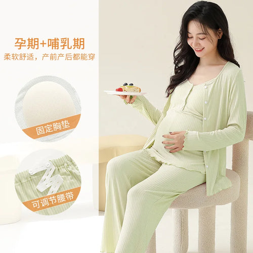 Soft Modal Maternity Nursing Robe Set — 3-Piece Postpartum PJ Set with Chest Pads