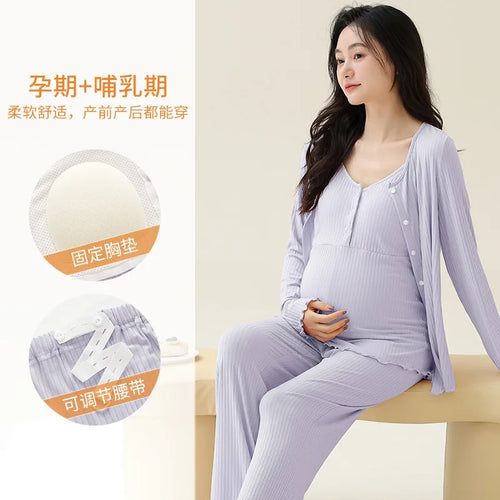 Soft Modal Maternity Nursing Robe Set — 3-Piece Postpartum PJ Set with Chest Pads