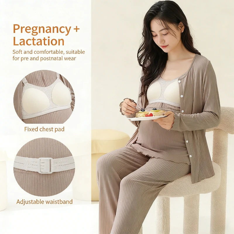 Soft Modal Maternity Nursing Robe Set — 3-Piece Postpartum PJ Set with Chest Pads