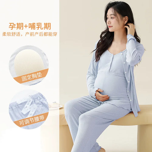 Soft Modal Maternity Nursing Robe Set — 3-Piece Postpartum PJ Set with Chest Pads