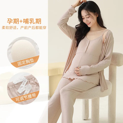 Soft Modal Maternity Nursing Robe Set — 3-Piece Postpartum PJ Set with Chest Pads