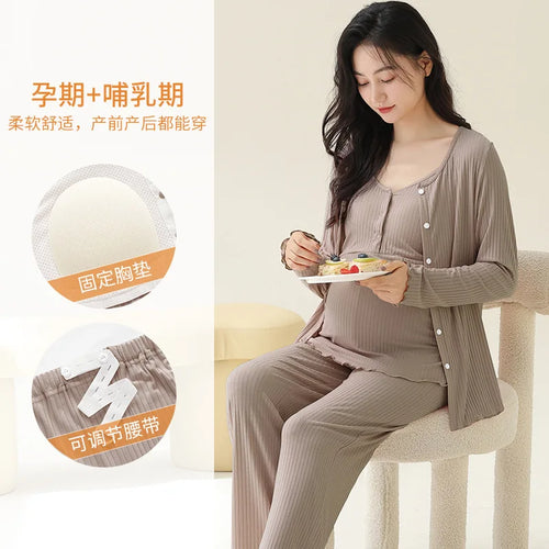 Soft Modal Maternity Nursing Robe Set — 3-Piece Postpartum PJ Set with Chest Pads