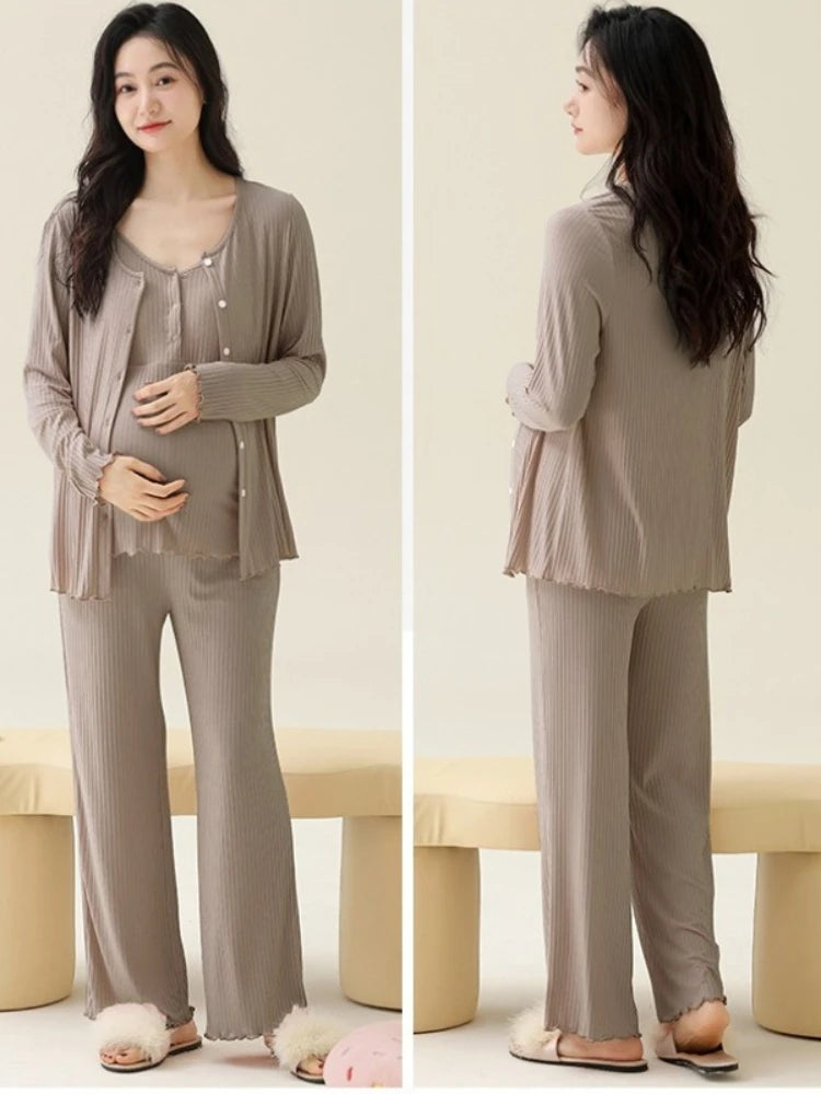 Soft Modal Maternity Nursing Robe Set — 3-Piece Postpartum PJ Set with Chest Pads