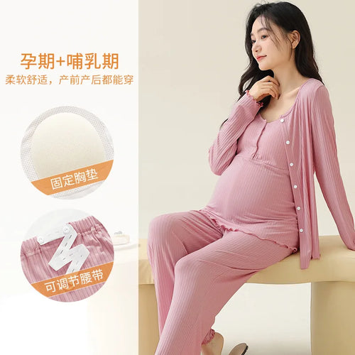 Soft Modal Maternity Nursing Robe Set — 3-Piece Postpartum PJ Set with Chest Pads