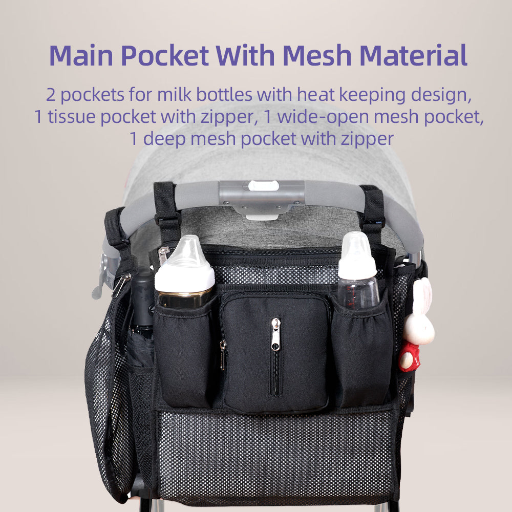 Universal Stroller Organizer with Insulated Cup Holder — 2-Piece Mesh Set